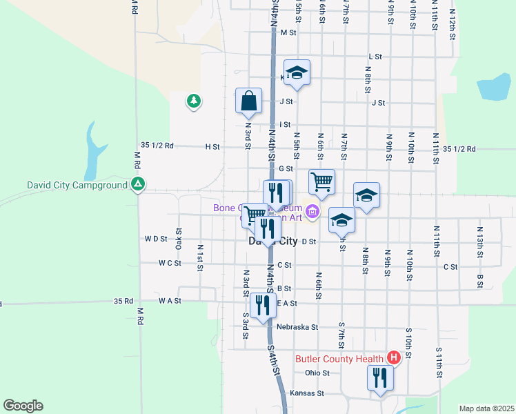 map of restaurants, bars, coffee shops, grocery stores, and more near 557 North 4th Street in David City