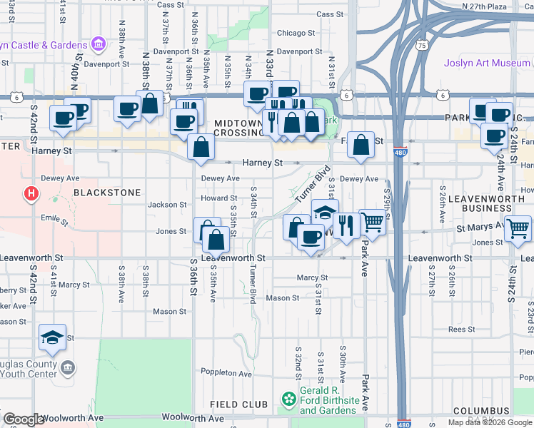 map of restaurants, bars, coffee shops, grocery stores, and more near 3310 Jackson Street in Omaha