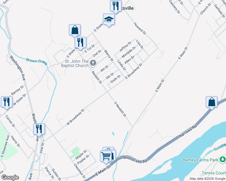 map of restaurants, bars, coffee shops, grocery stores, and more near 24 East Broadway Street in Larksville