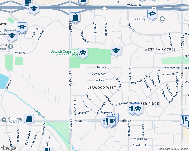 map of restaurants, bars, coffee shops, grocery stores, and more near 12935 Dewey Avenue in Omaha