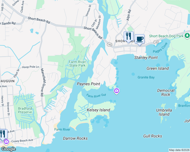 map of restaurants, bars, coffee shops, grocery stores, and more near 2 Clark Avenue in Branford