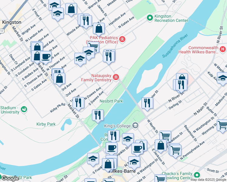 map of restaurants, bars, coffee shops, grocery stores, and more near Luzerne County Levee Trail in Edwardsville