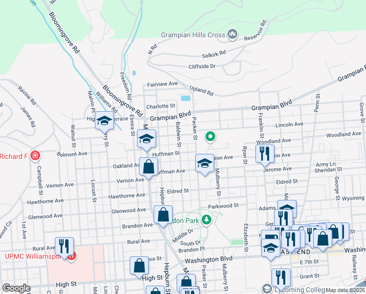 map of restaurants, bars, coffee shops, grocery stores, and more near 56-66 Benedict Street in Williamsport