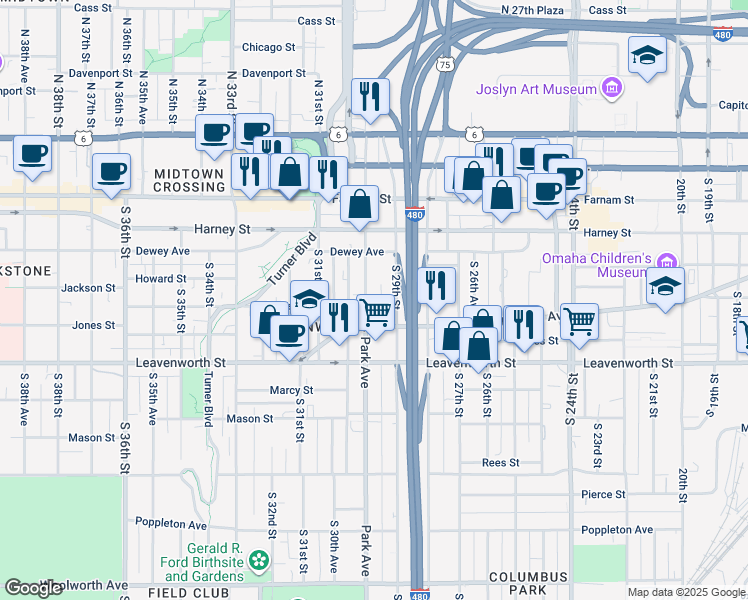 map of restaurants, bars, coffee shops, grocery stores, and more near 2922 Jackson Street in Omaha