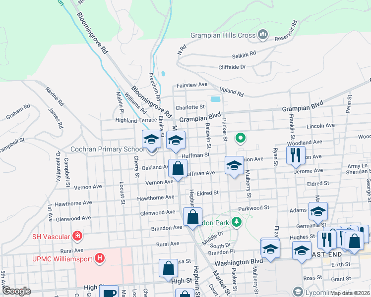 map of restaurants, bars, coffee shops, grocery stores, and more near 1214 Market Street in Williamsport