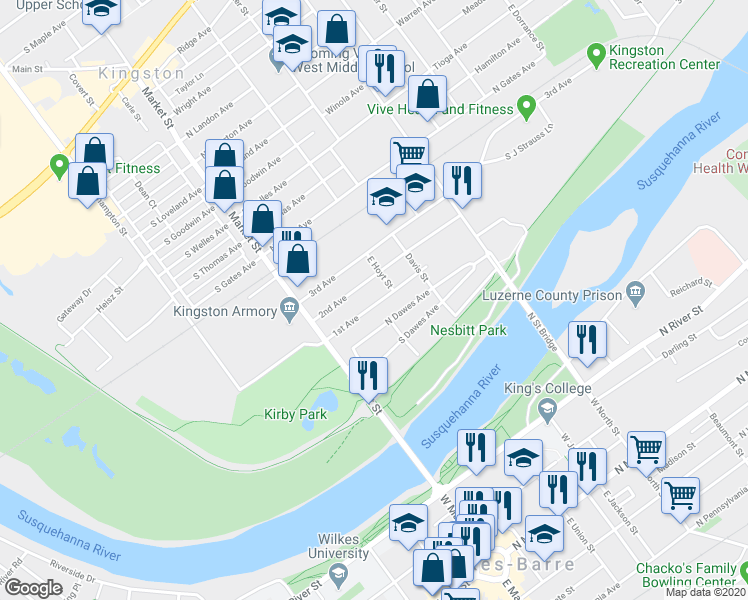 map of restaurants, bars, coffee shops, grocery stores, and more near 69 1st Avenue in Kingston