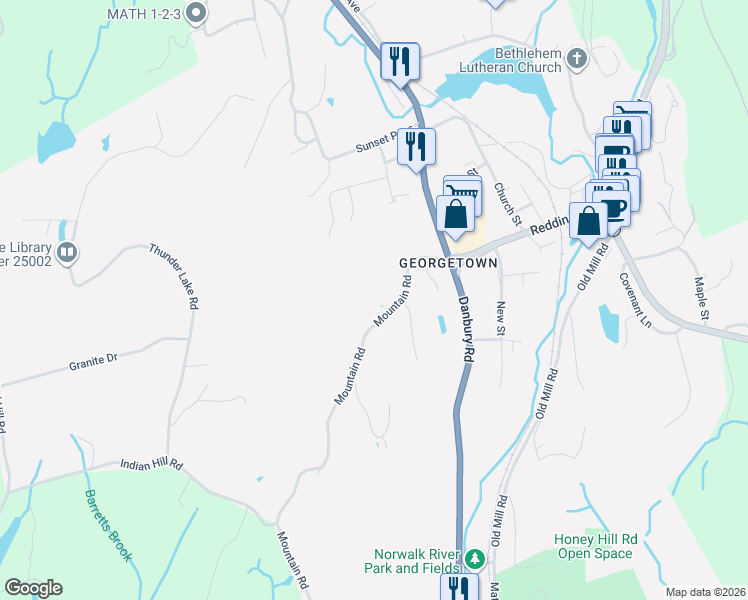 map of restaurants, bars, coffee shops, grocery stores, and more near 48 Mountain Road in Wilton