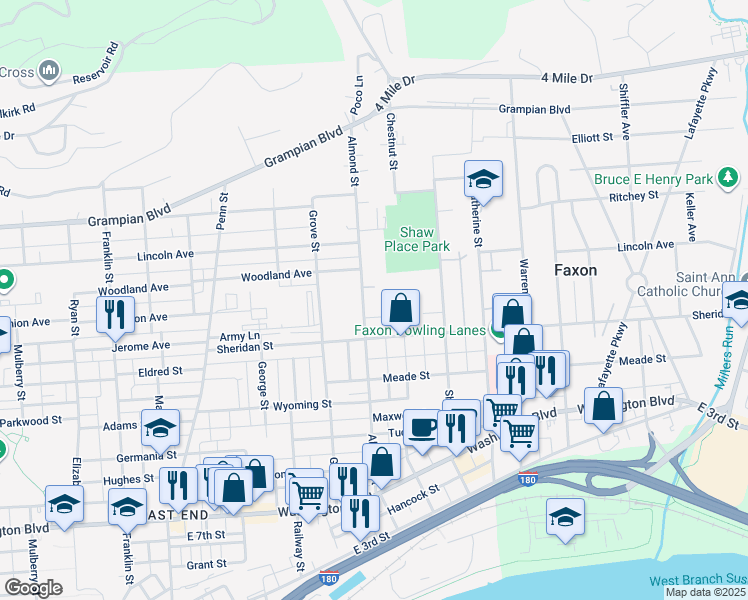 map of restaurants, bars, coffee shops, grocery stores, and more near 1250 Almond Street in Williamsport