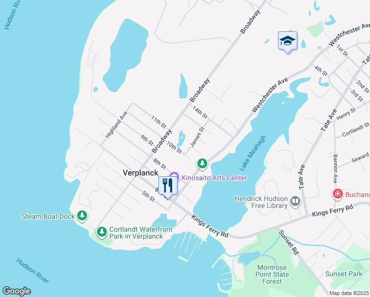 map of restaurants, bars, coffee shops, grocery stores, and more near 1 James Street in Verplanck