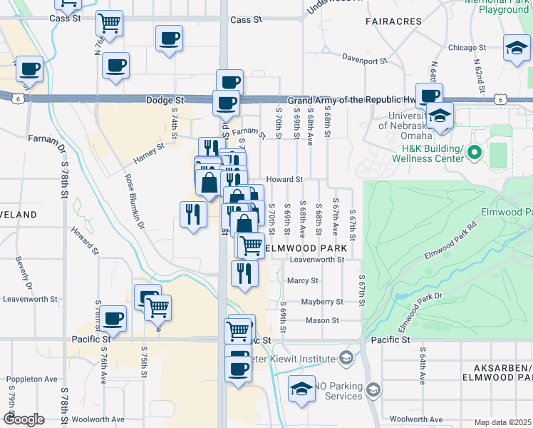 map of restaurants, bars, coffee shops, grocery stores, and more near 630 South 70th Street in Omaha