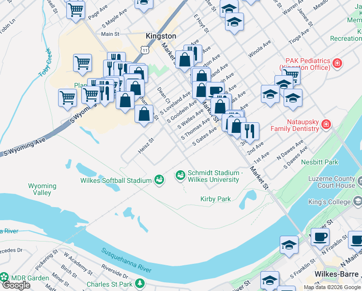 map of restaurants, bars, coffee shops, grocery stores, and more near 379 Northampton Street in Kingston