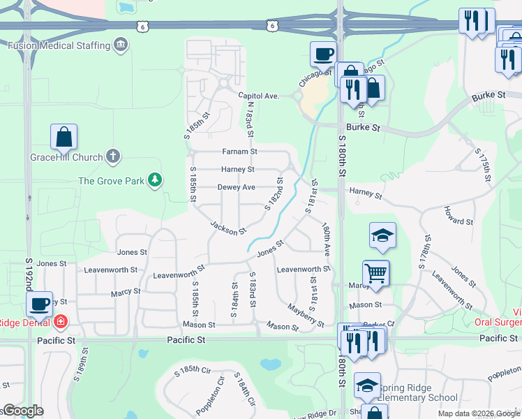 map of restaurants, bars, coffee shops, grocery stores, and more near 18207 Howard Street in Omaha