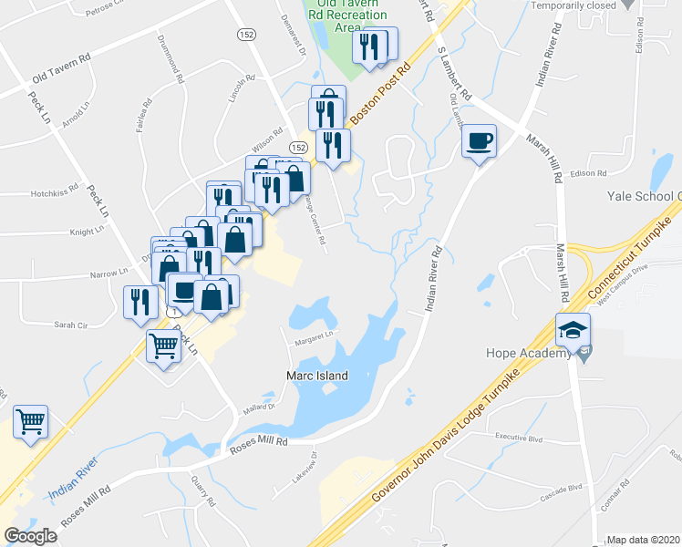 map of restaurants, bars, coffee shops, grocery stores, and more near 100 South Orange Center Road in Orange