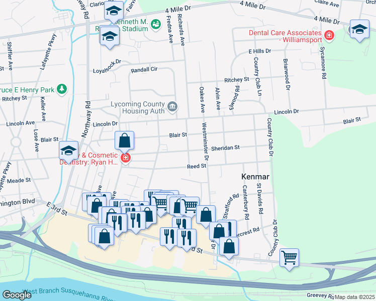 map of restaurants, bars, coffee shops, grocery stores, and more near 2199 Sheridan Street in Williamsport