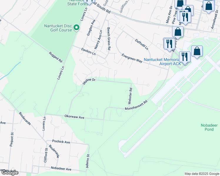 map of restaurants, bars, coffee shops, grocery stores, and more near 41 Skyline Drive in Nantucket