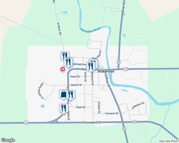 map of restaurants, bars, coffee shops, grocery stores, and more near 17 West Main Street in Wakeman