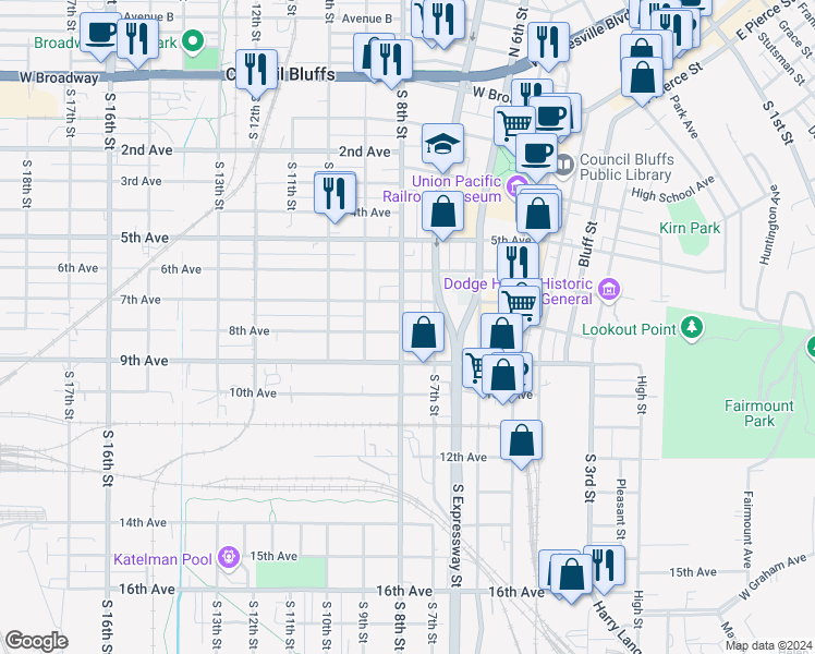 map of restaurants, bars, coffee shops, grocery stores, and more near 726 8th Avenue in Council Bluffs