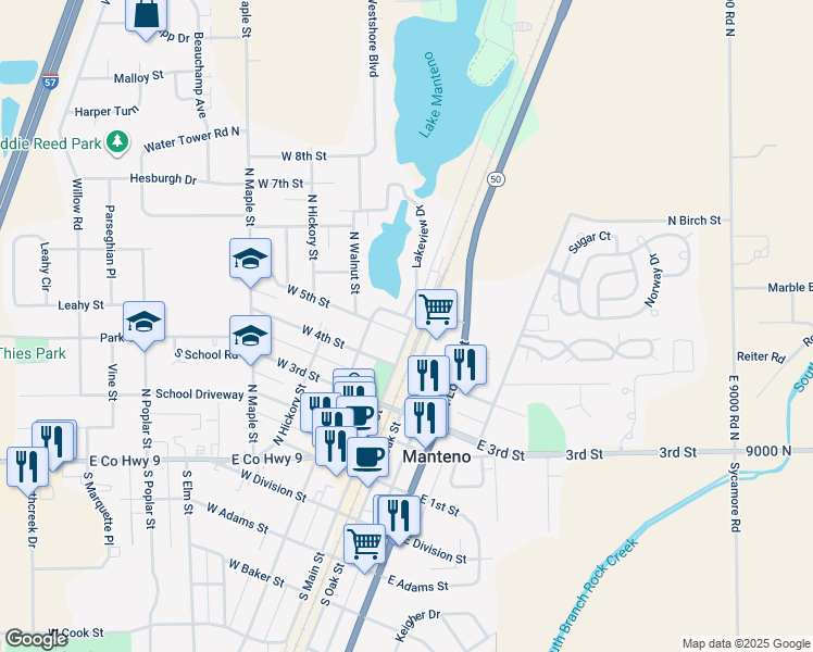 map of restaurants, bars, coffee shops, grocery stores, and more near 14 West 5th Street in Manteno