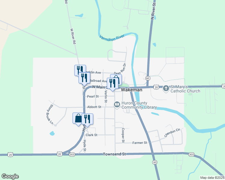 map of restaurants, bars, coffee shops, grocery stores, and more near 11 West Main Street in Wakeman