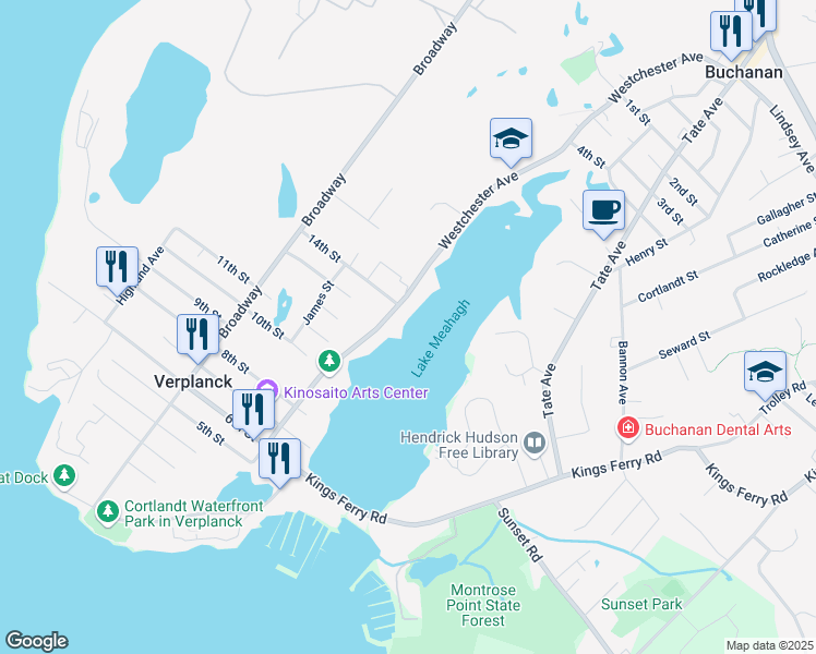map of restaurants, bars, coffee shops, grocery stores, and more near 241 Westchester Avenue in Verplanck