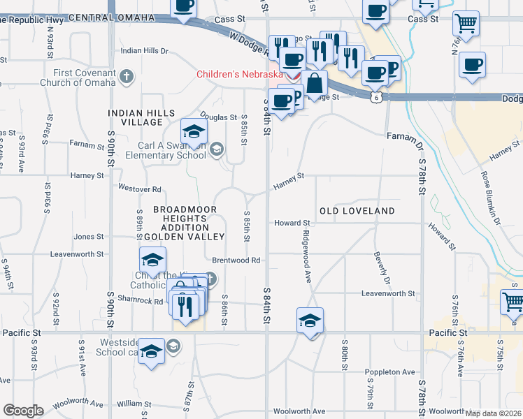 map of restaurants, bars, coffee shops, grocery stores, and more near 446 S 84th St in Omaha