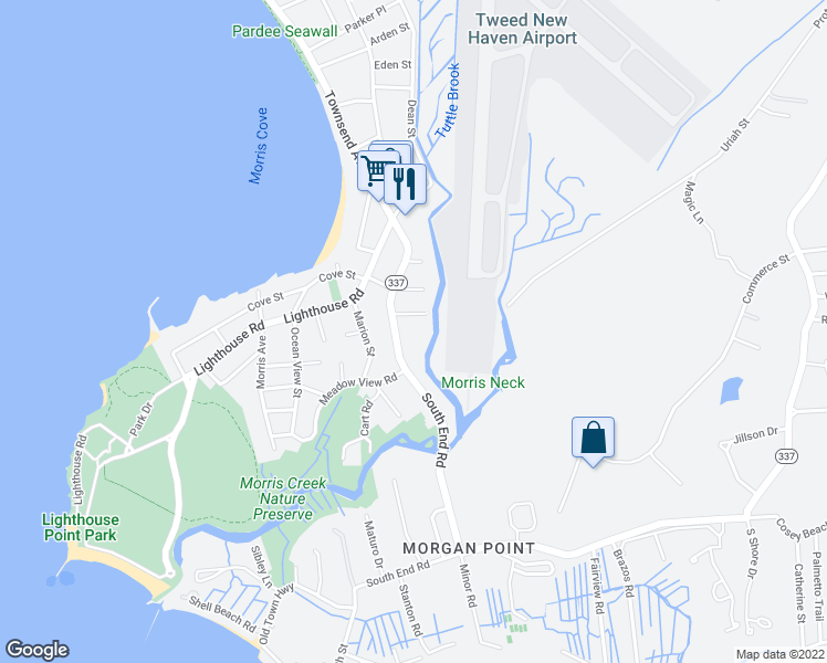 map of restaurants, bars, coffee shops, grocery stores, and more near 181 South End Road in New Haven