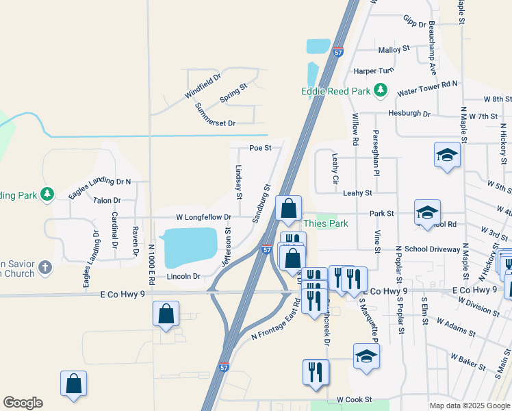 map of restaurants, bars, coffee shops, grocery stores, and more near 525 Sandburg Street in Manteno