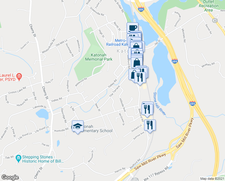 map of restaurants, bars, coffee shops, grocery stores, and more near 4 Ashby Place in Katonah