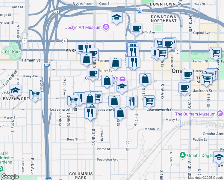 map of restaurants, bars, coffee shops, grocery stores, and more near 2110 Saint Marys Avenue in Omaha