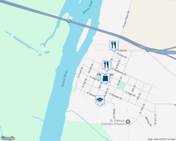map of restaurants, bars, coffee shops, grocery stores, and more near 119 South 2nd Street in Hennepin