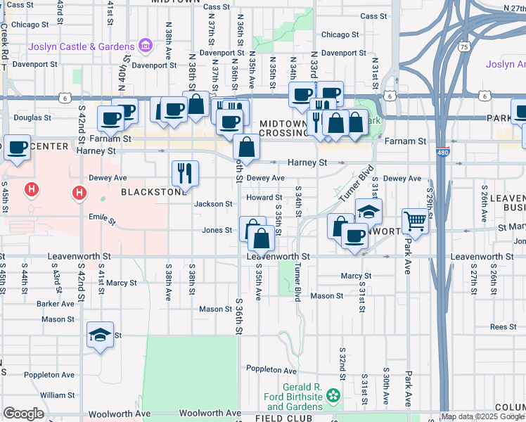 map of restaurants, bars, coffee shops, grocery stores, and more near 564 South 35th Street in Omaha