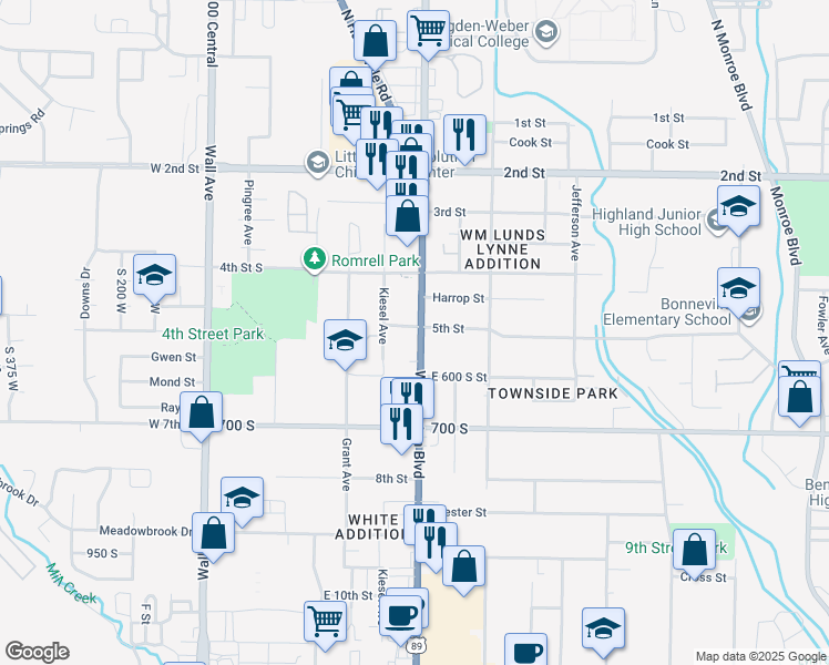map of restaurants, bars, coffee shops, grocery stores, and more near 369 5th Street in Ogden
