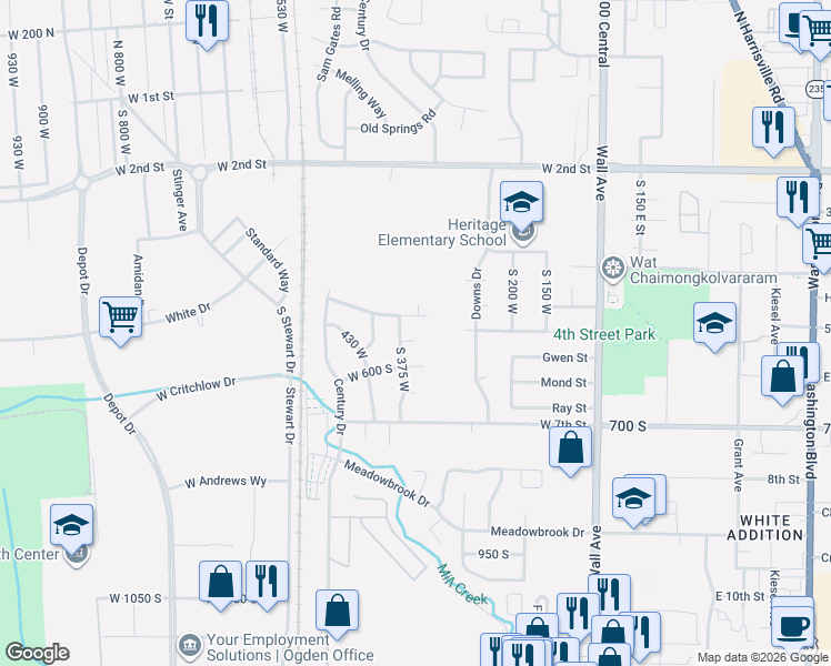 map of restaurants, bars, coffee shops, grocery stores, and more near 532 South 375 West in Ogden