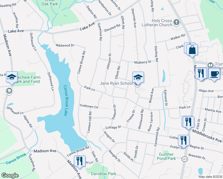 map of restaurants, bars, coffee shops, grocery stores, and more near 124 Elliott Road in Trumbull