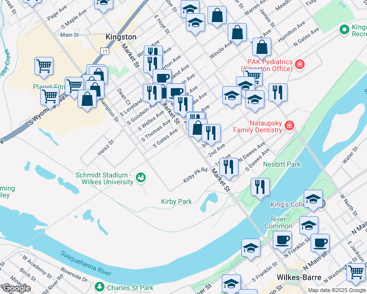 map of restaurants, bars, coffee shops, grocery stores, and more near 310 Market Street in Kingston