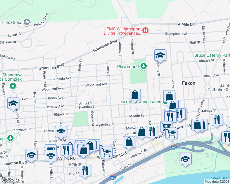 map of restaurants, bars, coffee shops, grocery stores, and more near 1290 Grove Street in Williamsport