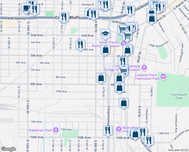 map of restaurants, bars, coffee shops, grocery stores, and more near 726 8th Avenue in Council Bluffs