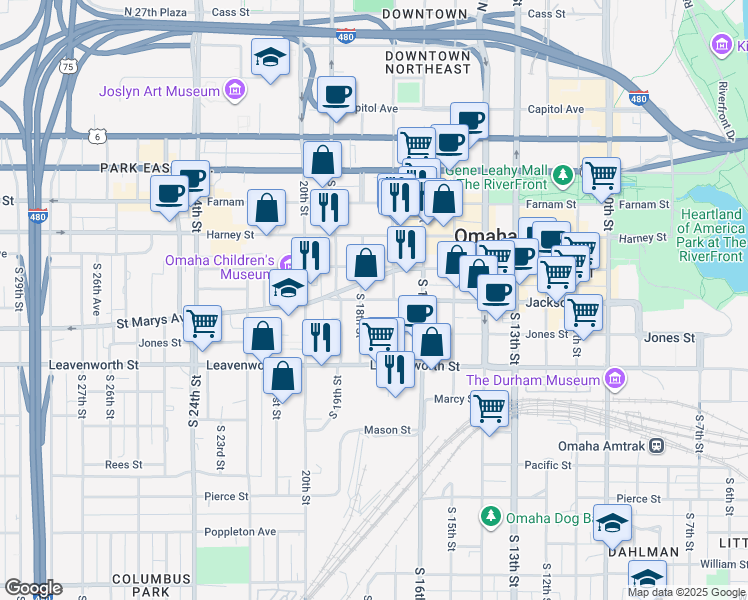 map of restaurants, bars, coffee shops, grocery stores, and more near 1798 Jackson Street in Omaha