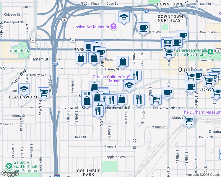 map of restaurants, bars, coffee shops, grocery stores, and more near 2228 Saint Marys Avenue in Omaha