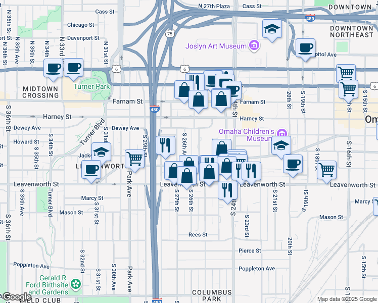 map of restaurants, bars, coffee shops, grocery stores, and more near 554 South 26th Street in Omaha