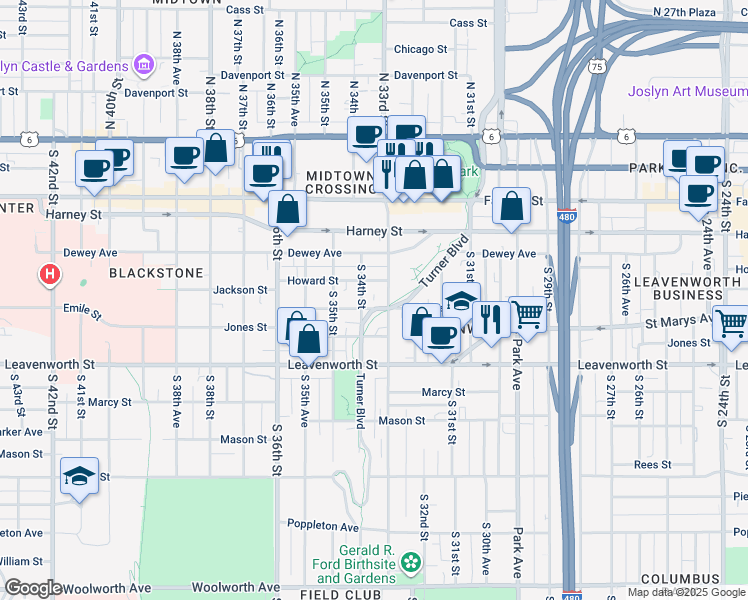 map of restaurants, bars, coffee shops, grocery stores, and more near 569 South 34th Street in Omaha