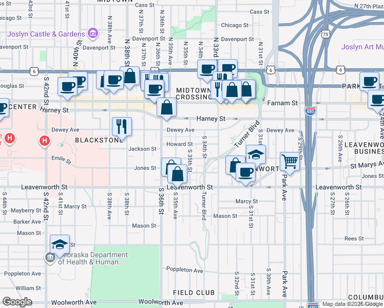map of restaurants, bars, coffee shops, grocery stores, and more near 564 South 35th Street in Omaha