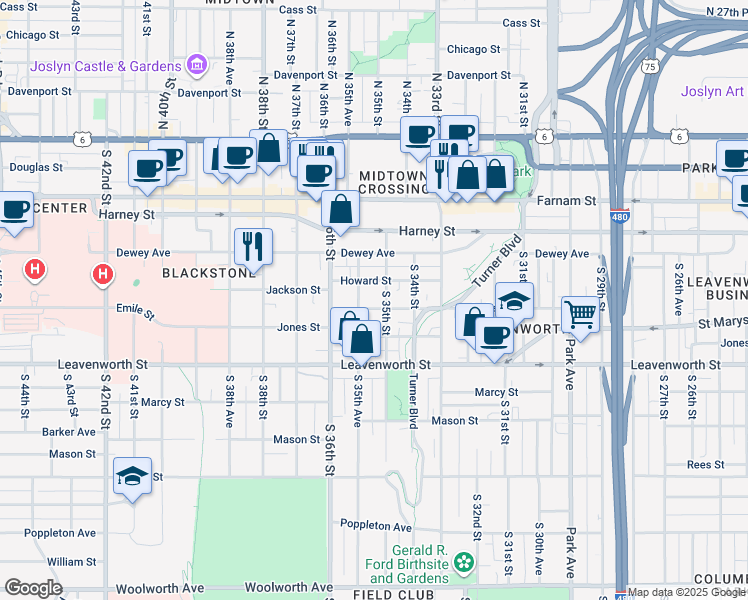 map of restaurants, bars, coffee shops, grocery stores, and more near 564 South 35th Street in Omaha