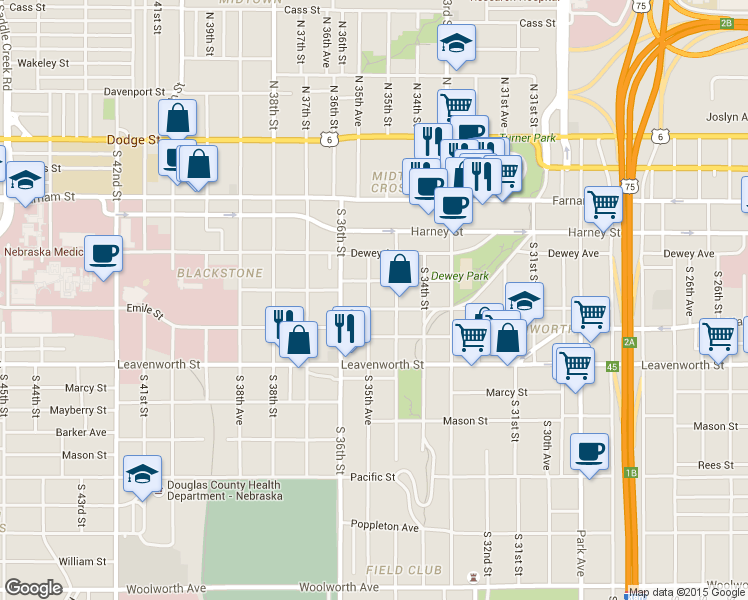 map of restaurants, bars, coffee shops, grocery stores, and more near 564 South 35th Street in Omaha