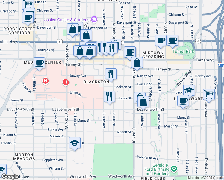 map of restaurants, bars, coffee shops, grocery stores, and more near 605 South 38th Avenue in Omaha