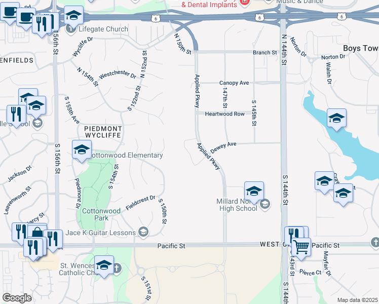 map of restaurants, bars, coffee shops, grocery stores, and more near 511 South 150th Circle in Omaha