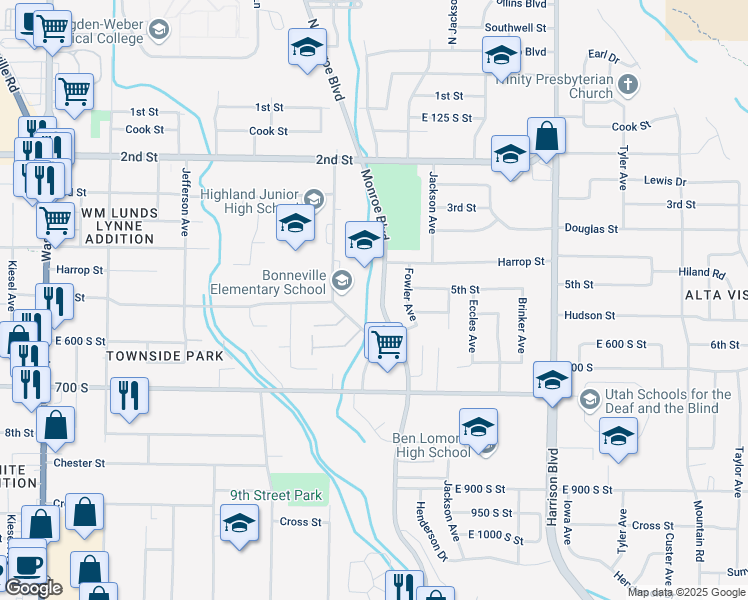 map of restaurants, bars, coffee shops, grocery stores, and more near 543 Monroe Boulevard in Ogden