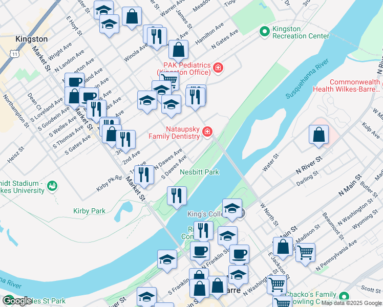 map of restaurants, bars, coffee shops, grocery stores, and more near 146 South Dawes Avenue in Kingston