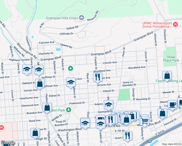 map of restaurants, bars, coffee shops, grocery stores, and more near 280 Woodland Avenue in Williamsport