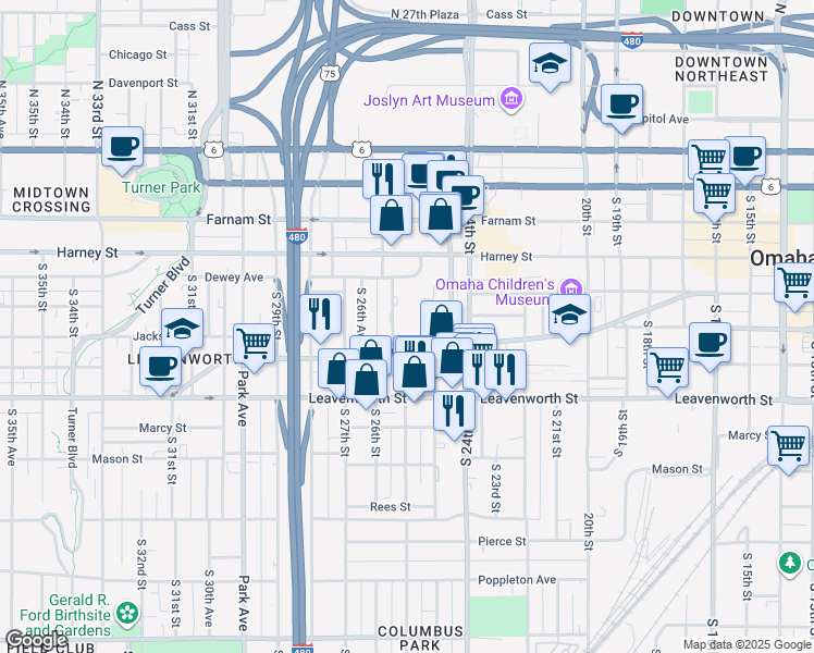 map of restaurants, bars, coffee shops, grocery stores, and more near 535 South 26th Street in Omaha